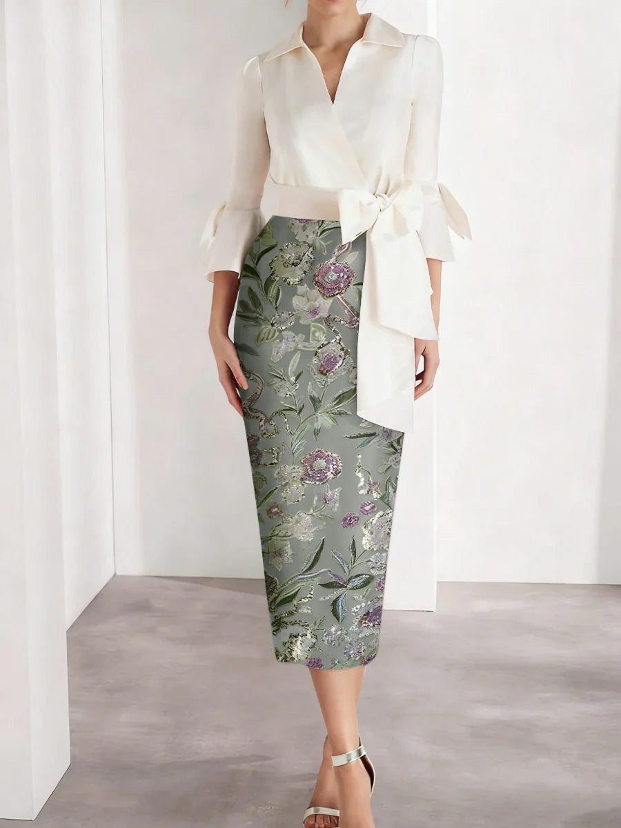 Sheath Column V Neck Satin Mother Of The Bride Dresses 3 4 Sleeves Shirt Collar Floral Tea Length Cocktail Dresses
