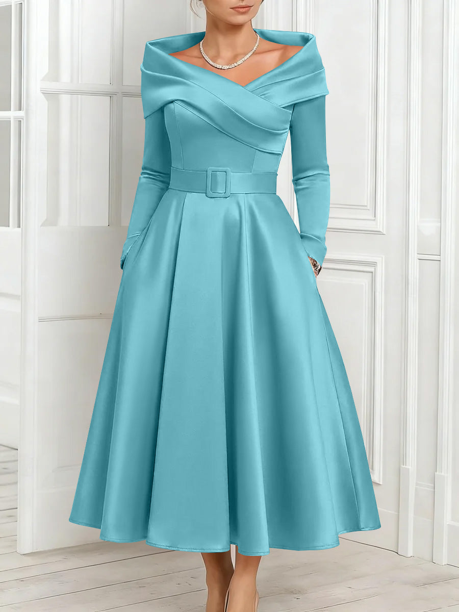 A Line Princess Off The Shoulder Mother Of The Bride Dresses Stretch Satin Belt Ankle Length Long Sleeves