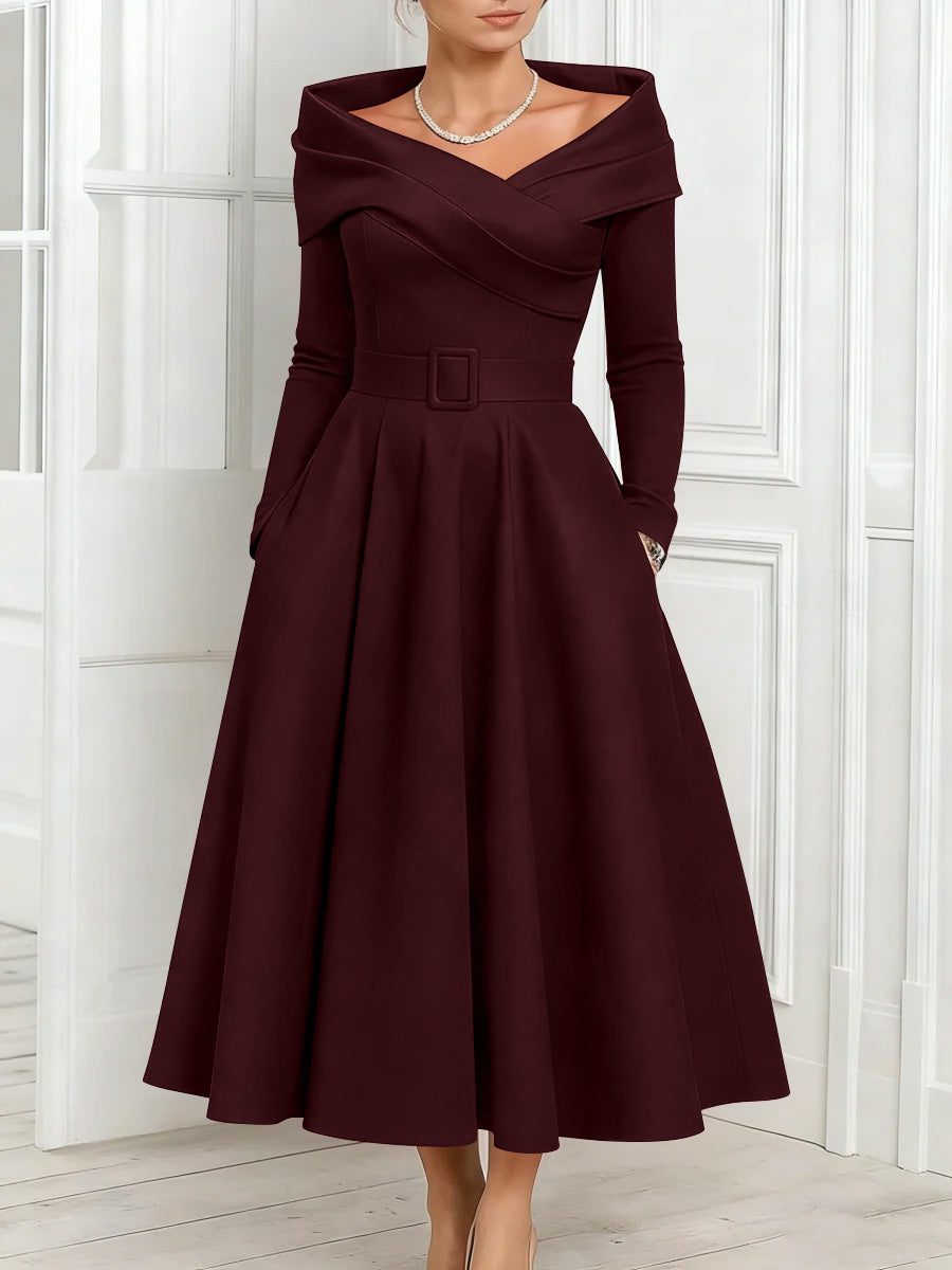 A Line Princess Off The Shoulder Mother Of The Bride Dresses Stretch Satin Belt Ankle Length Long Sleeves
