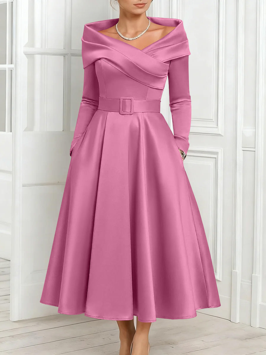 A Line Princess Off The Shoulder Mother Of The Bride Dresses Stretch Satin Belt Ankle Length Long Sleeves