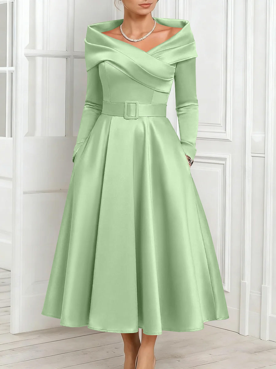 A Line Princess Off The Shoulder Mother Of The Bride Dresses Stretch Satin Belt Ankle Length Long Sleeves