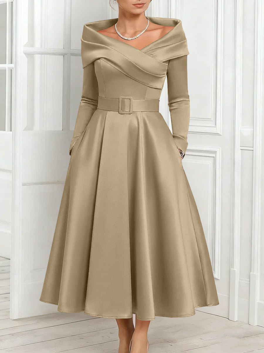 A Line Princess Off The Shoulder Mother Of The Bride Dresses Stretch Satin Belt Ankle Length Long Sleeves