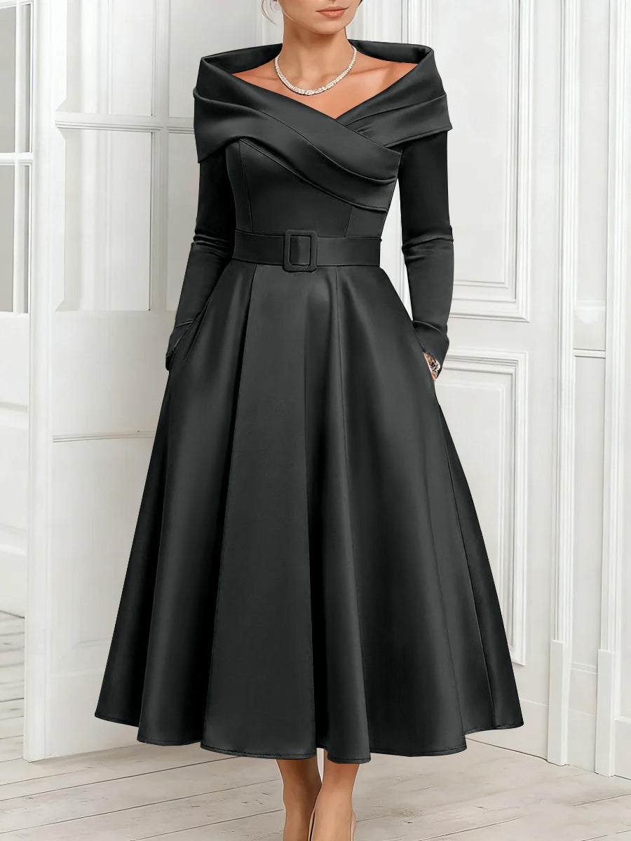 A Line Princess Off The Shoulder Mother Of The Bride Dresses Stretch Satin Belt Ankle Length Long Sleeves