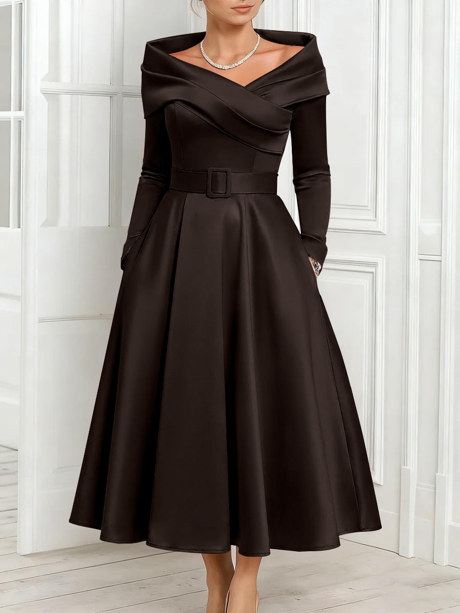 A Line Princess Off The Shoulder Mother Of The Bride Dresses Stretch Satin Belt Ankle Length Long Sleeves