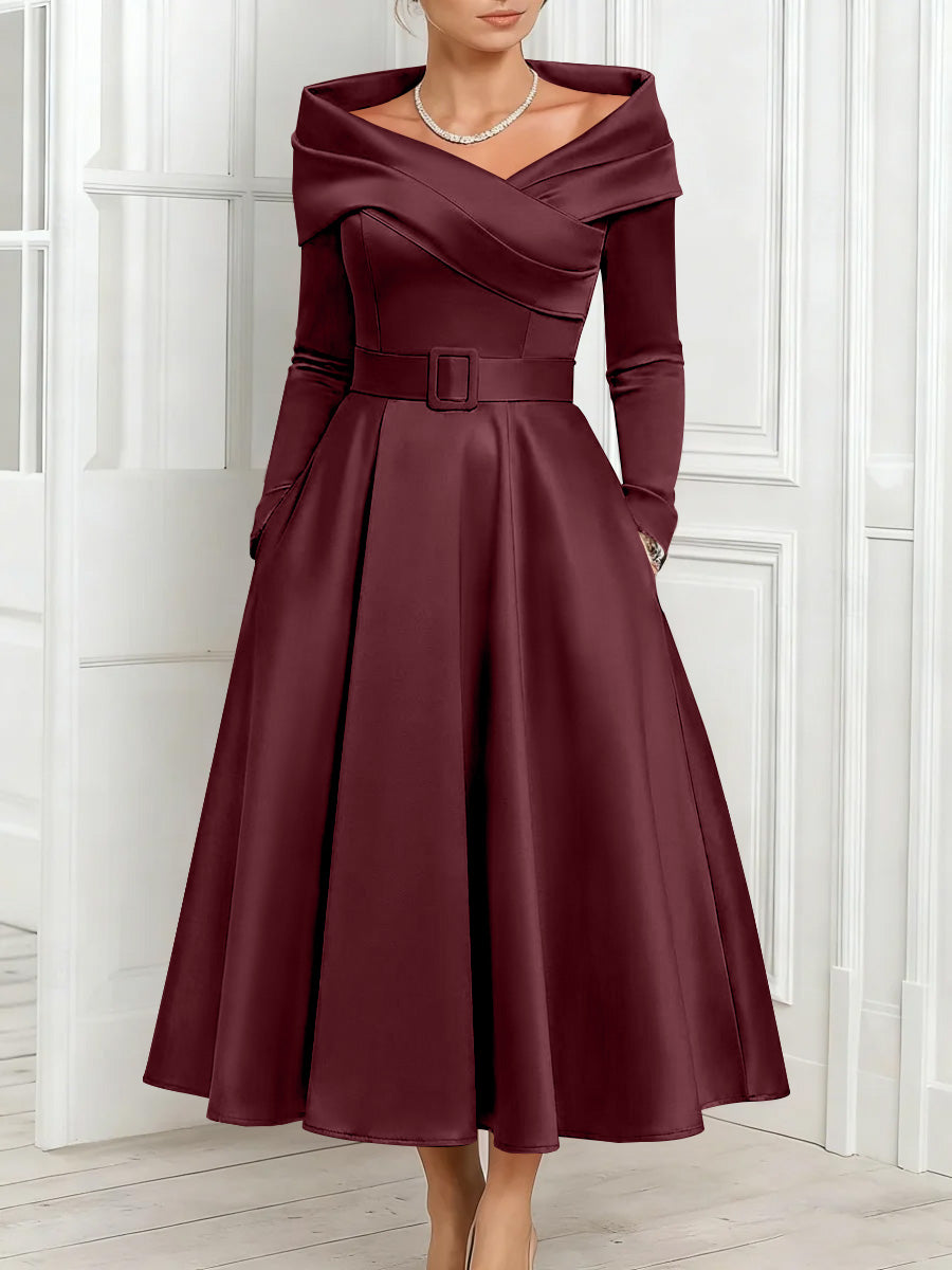 A Line Princess Off The Shoulder Mother Of The Bride Dresses Stretch Satin Belt Ankle Length Long Sleeves