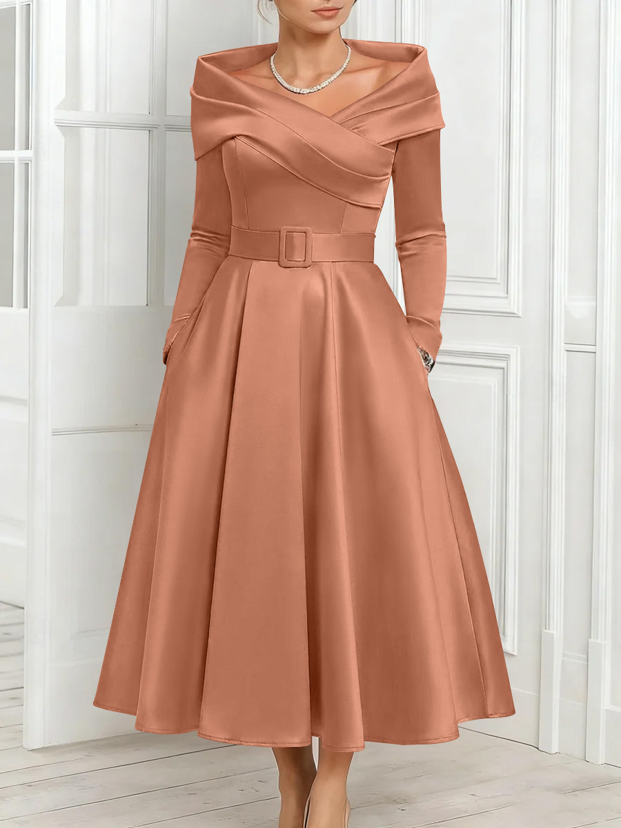 A Line Princess Off The Shoulder Mother Of The Bride Dresses Stretch Satin Belt Ankle Length Long Sleeves