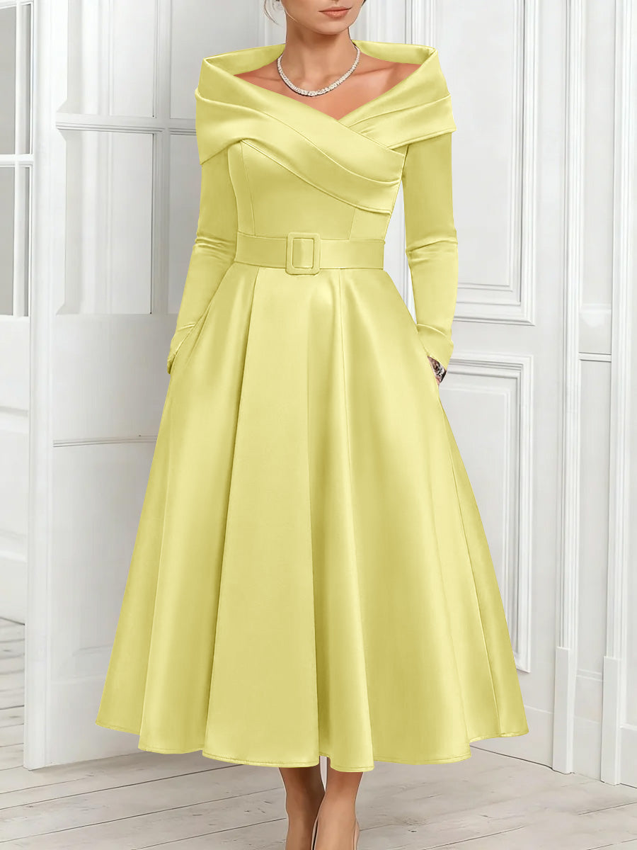 A Line Princess Off The Shoulder Mother Of The Bride Dresses Stretch Satin Belt Ankle Length Long Sleeves