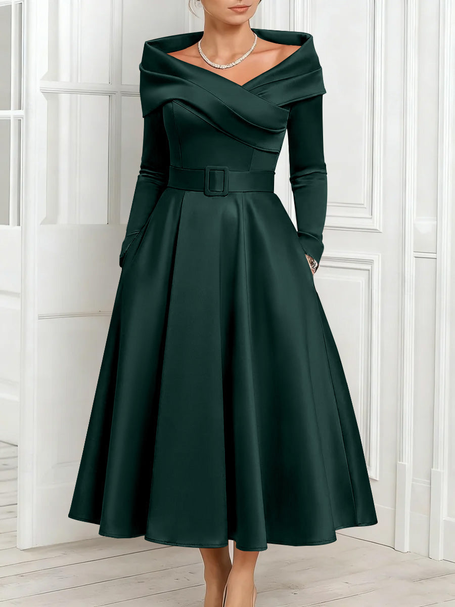 A Line Princess Off The Shoulder Mother Of The Bride Dresses Stretch Satin Belt Ankle Length Long Sleeves