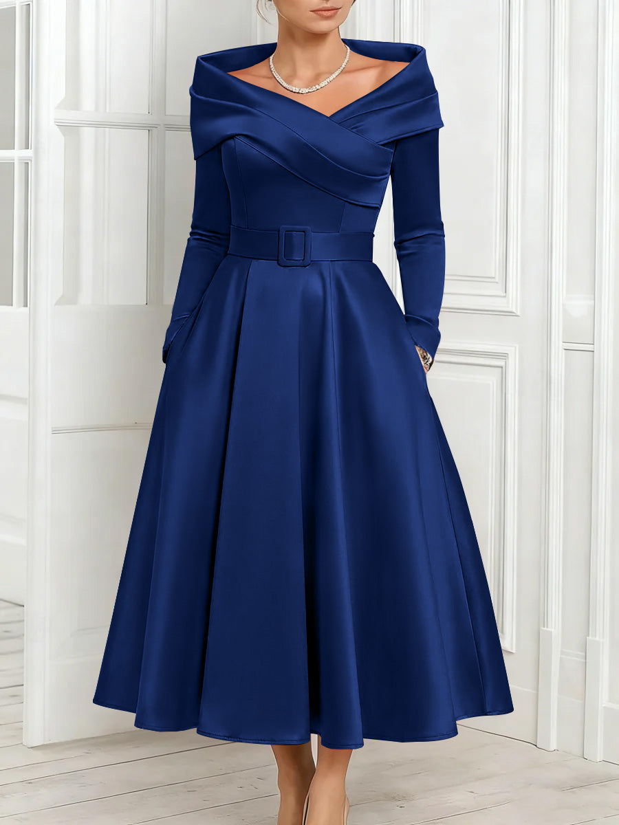 A Line Princess Off The Shoulder Mother Of The Bride Dresses Stretch Satin Belt Ankle Length Long Sleeves