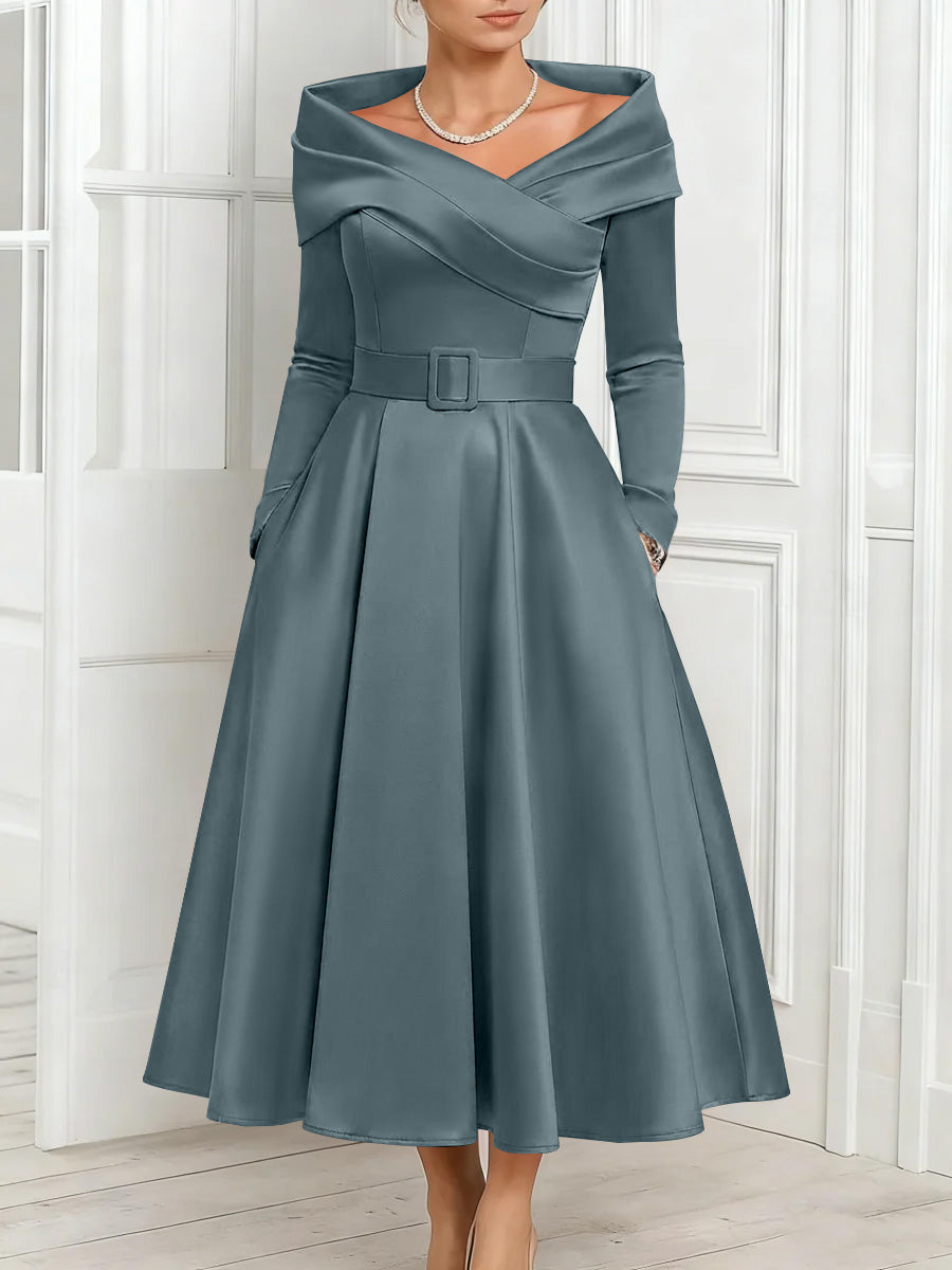 A Line Princess Off The Shoulder Mother Of The Bride Dresses Stretch Satin Belt Ankle Length Long Sleeves