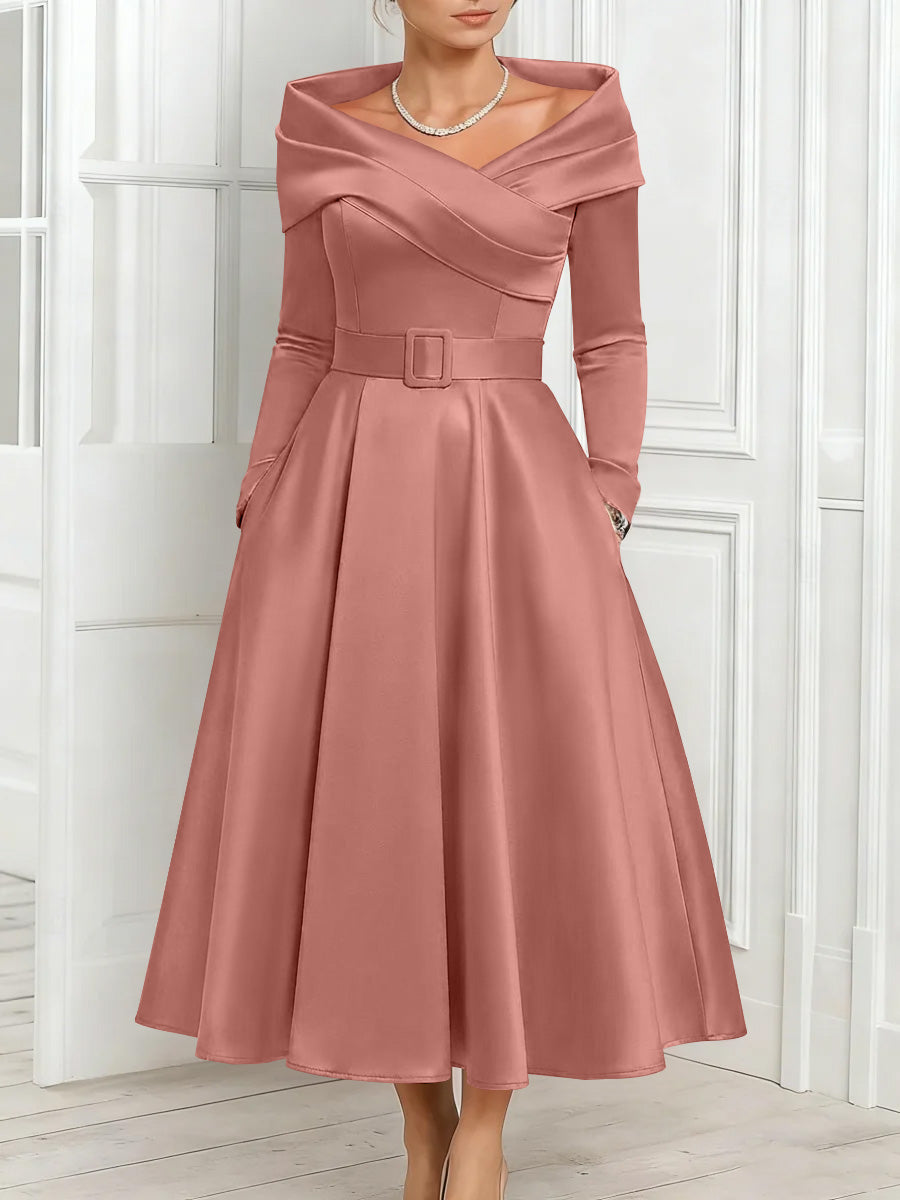 A Line Princess Off The Shoulder Mother Of The Bride Dresses Stretch Satin Belt Ankle Length Long Sleeves