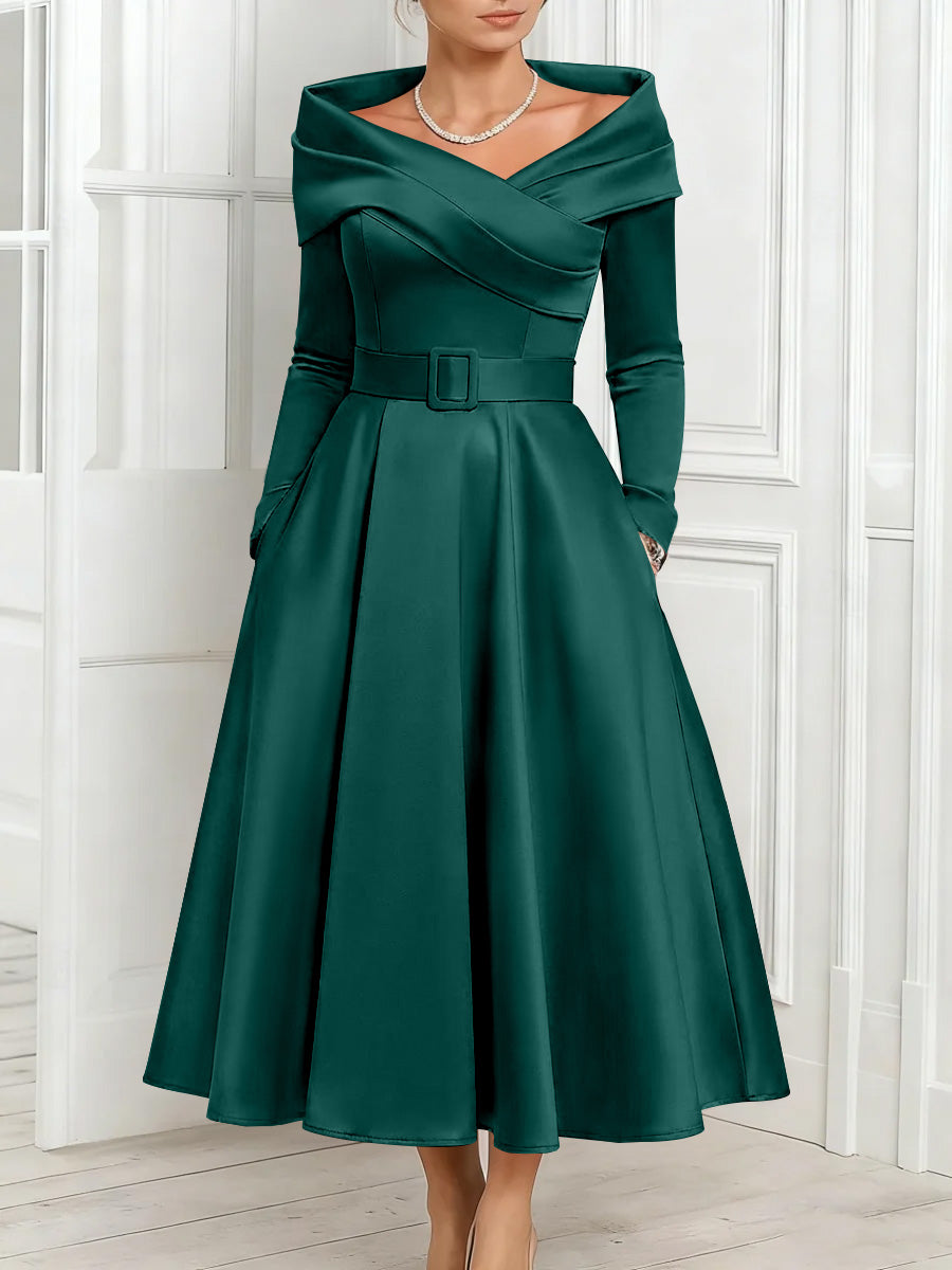 A Line Princess Off The Shoulder Mother Of The Bride Dresses Stretch Satin Belt Ankle Length Long Sleeves