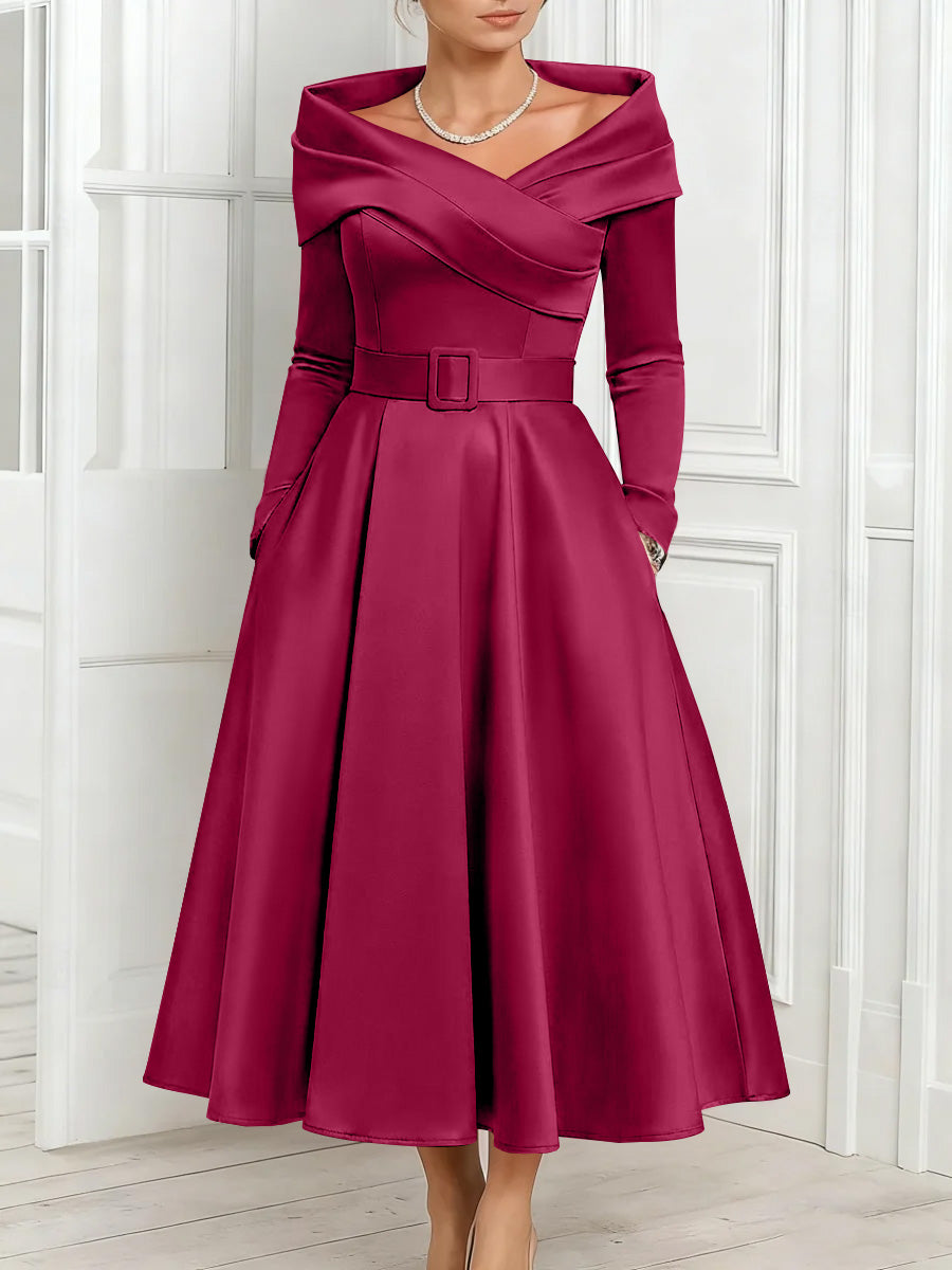 A Line Princess Off The Shoulder Mother Of The Bride Dresses Stretch Satin Belt Ankle Length Long Sleeves