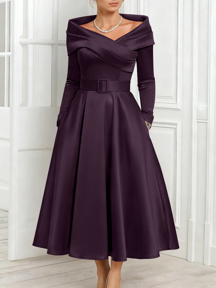 A Line Princess Off The Shoulder Mother Of The Bride Dresses Stretch Satin Belt Ankle Length Long Sleeves