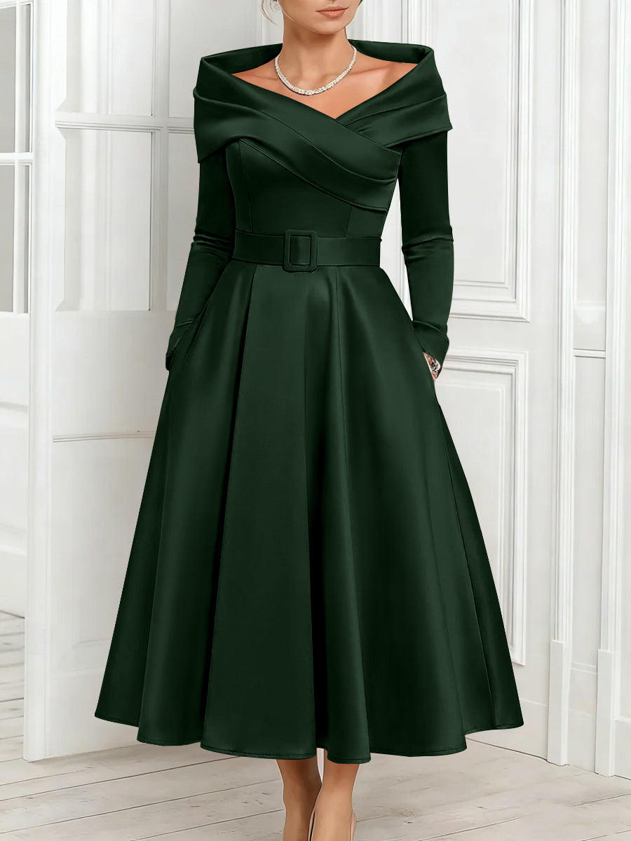 A Line Princess Off The Shoulder Mother Of The Bride Dresses Stretch Satin Belt Ankle Length Long Sleeves