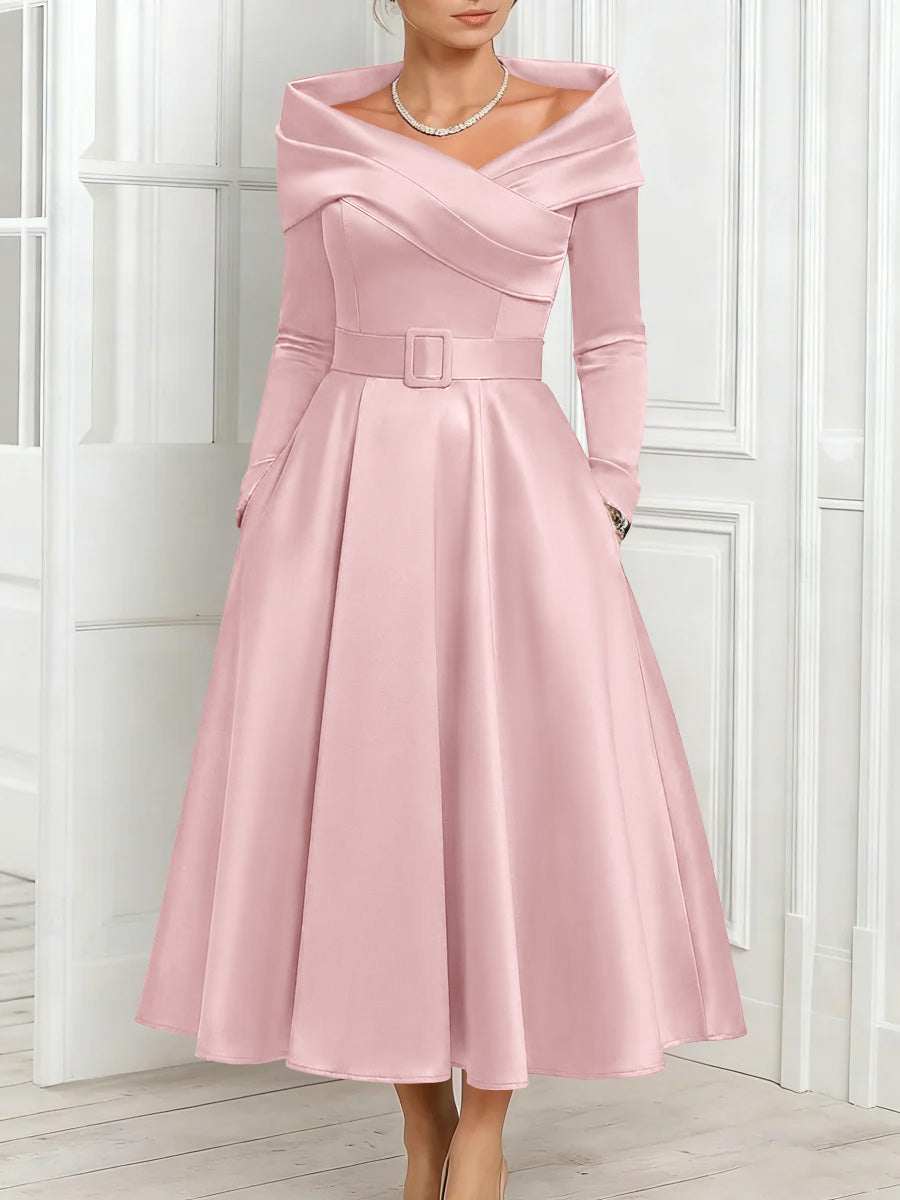 A Line Princess Off The Shoulder Mother Of The Bride Dresses Stretch Satin Belt Ankle Length Long Sleeves