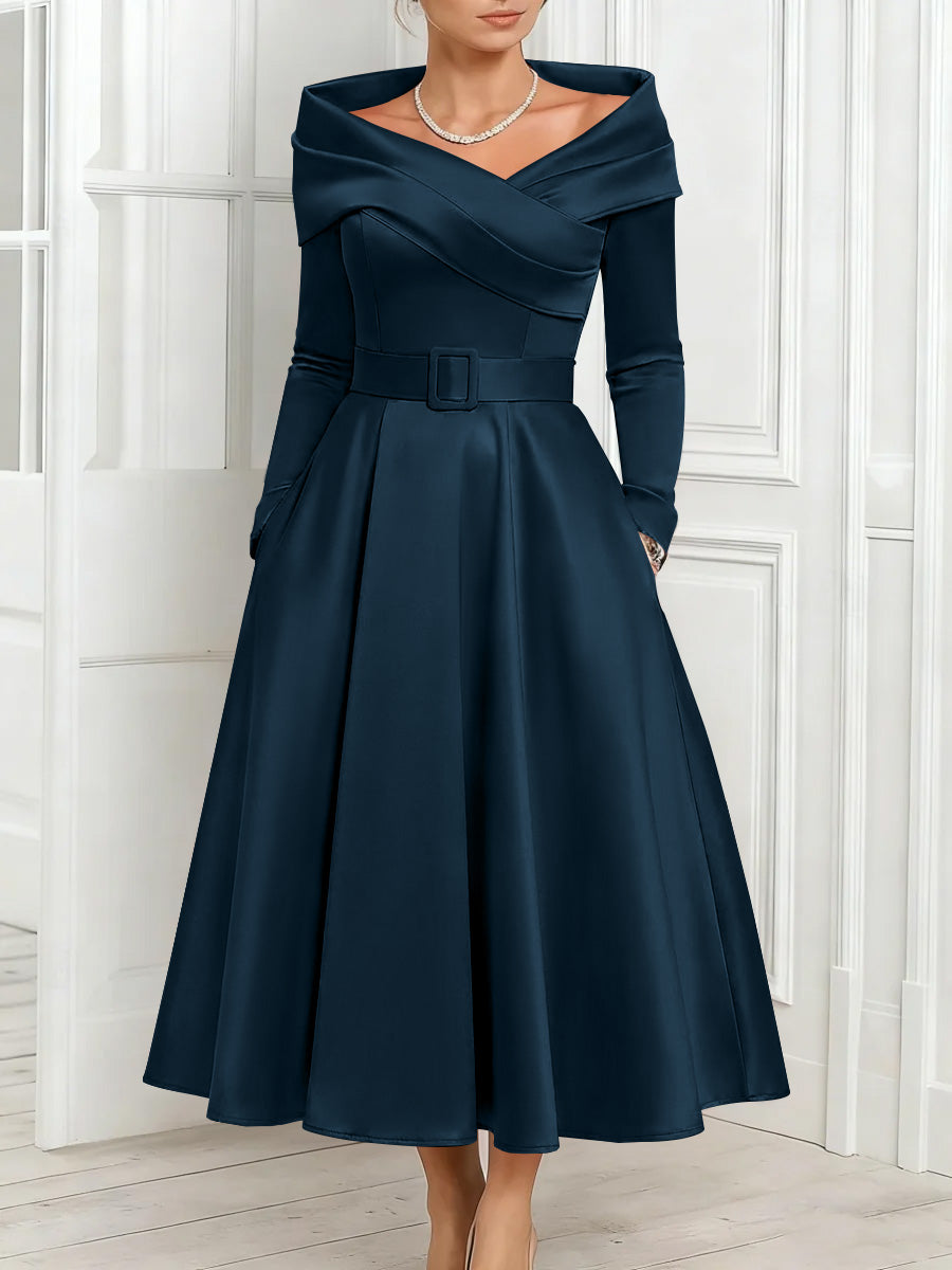 A Line Princess Off The Shoulder Mother Of The Bride Dresses Stretch Satin Belt Ankle Length Long Sleeves