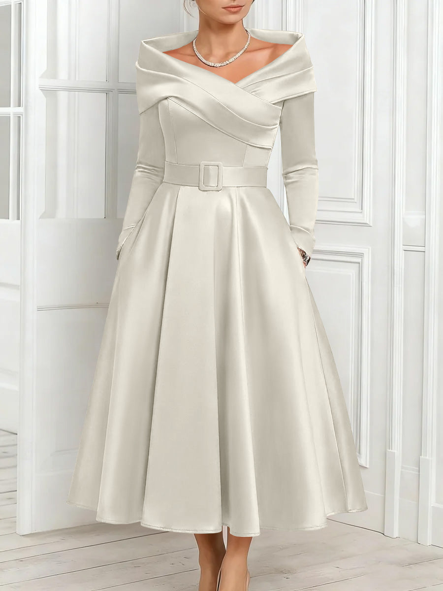 A Line Princess Off The Shoulder Mother Of The Bride Dresses Stretch Satin Belt Ankle Length Long Sleeves