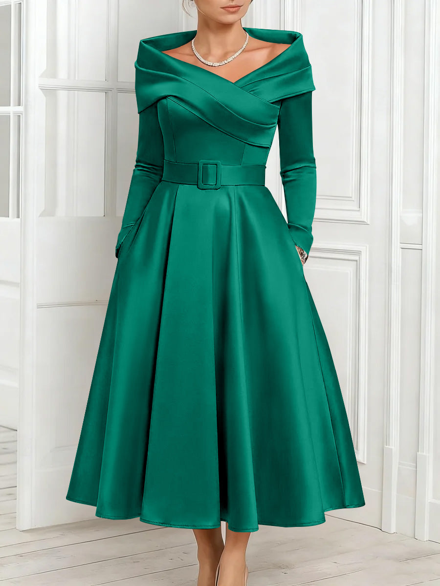 A Line Princess Off The Shoulder Mother Of The Bride Dresses Stretch Satin Belt Ankle Length Long Sleeves