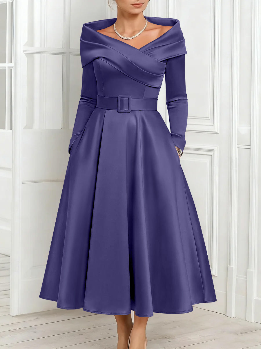 A Line Princess Off The Shoulder Mother Of The Bride Dresses Stretch Satin Belt Ankle Length Long Sleeves