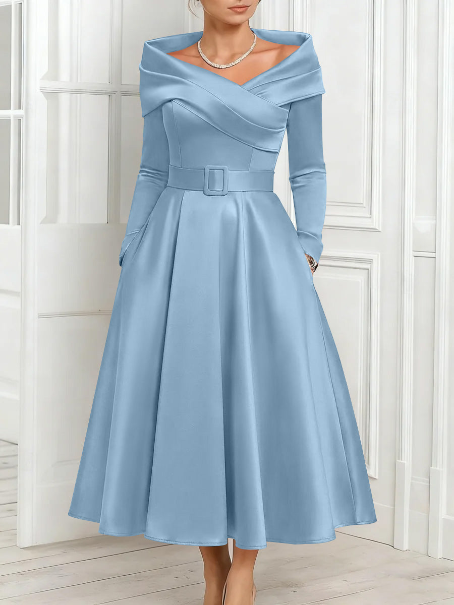 A Line Princess Off The Shoulder Mother Of The Bride Dresses Stretch Satin Belt Ankle Length Long Sleeves