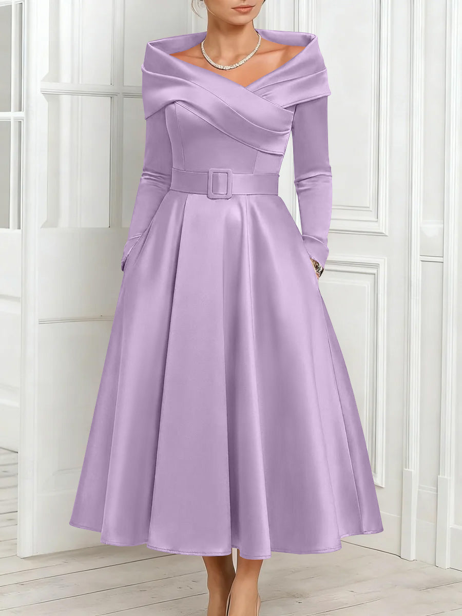 A Line Princess Off The Shoulder Mother Of The Bride Dresses Stretch Satin Belt Ankle Length Long Sleeves