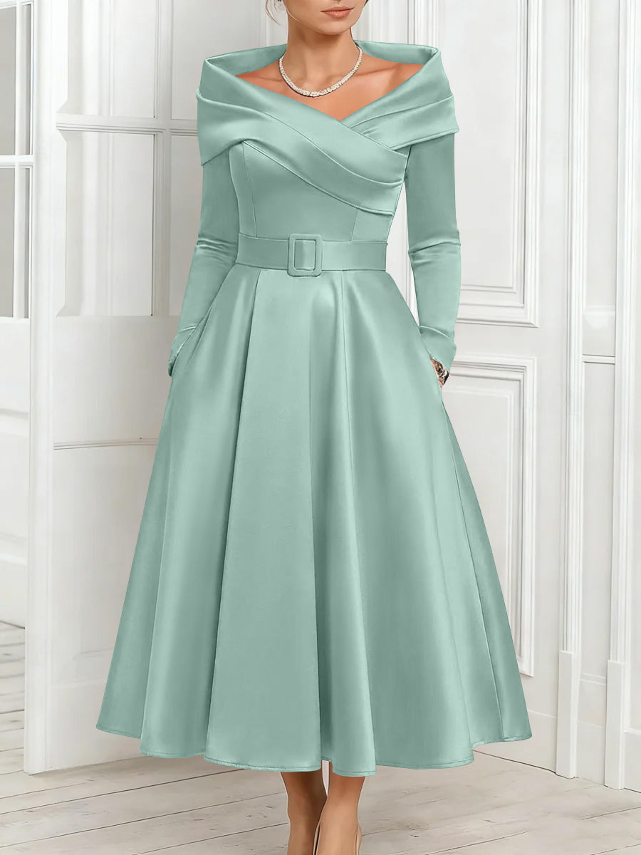 A Line Princess Off The Shoulder Mother Of The Bride Dresses Stretch Satin Belt Ankle Length Long Sleeves