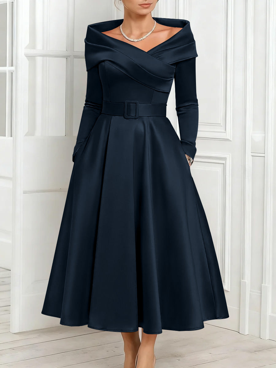 A Line Princess Off The Shoulder Mother Of The Bride Dresses Stretch Satin Belt Ankle Length Long Sleeves