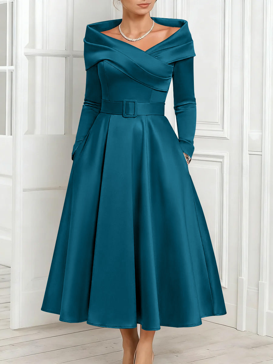A Line Princess Off The Shoulder Mother Of The Bride Dresses Stretch Satin Belt Ankle Length Long Sleeves