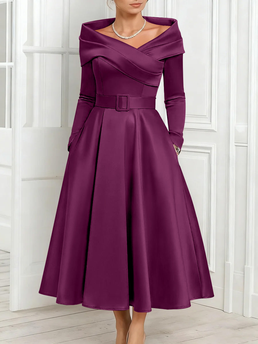 A Line Princess Off The Shoulder Mother Of The Bride Dresses Stretch Satin Belt Ankle Length Long Sleeves