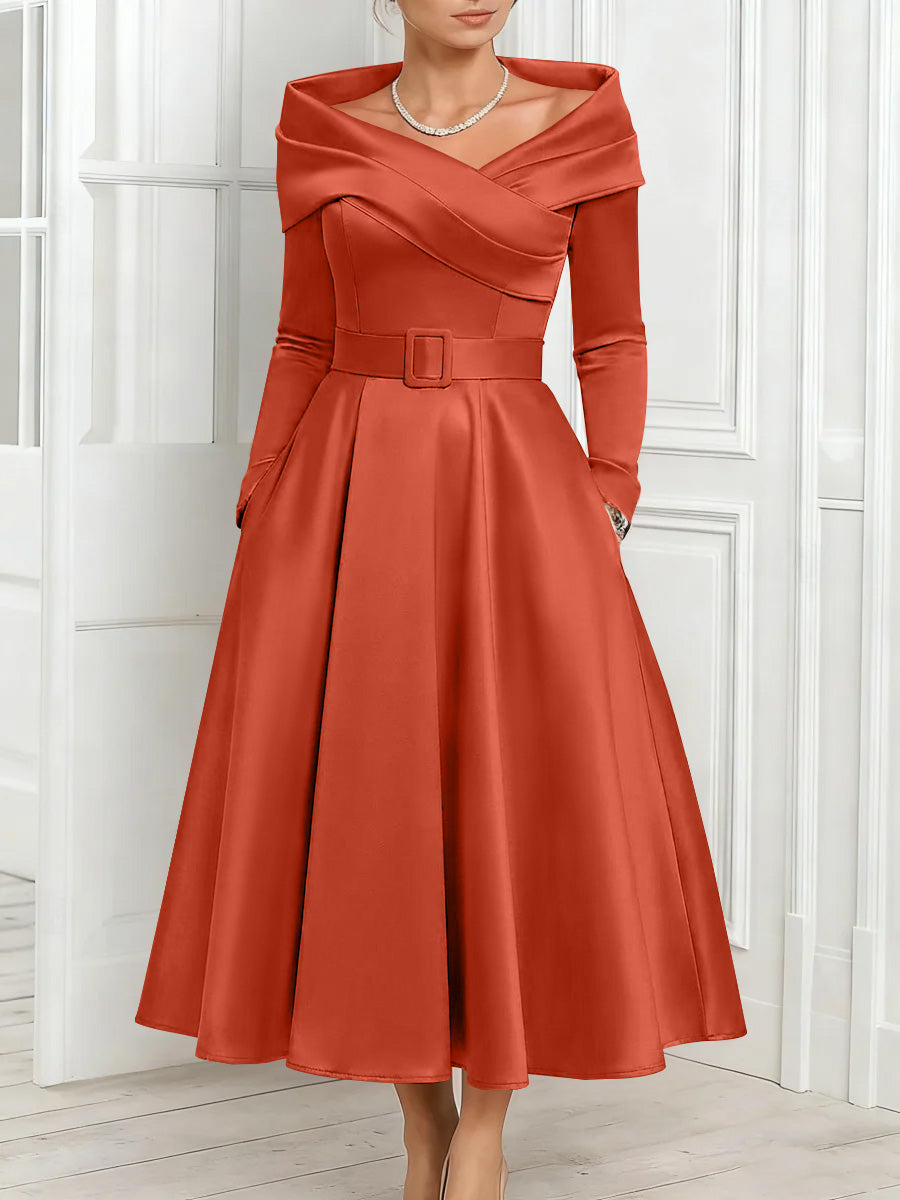 A Line Princess Off The Shoulder Mother Of The Bride Dresses Stretch Satin Belt Ankle Length Long Sleeves