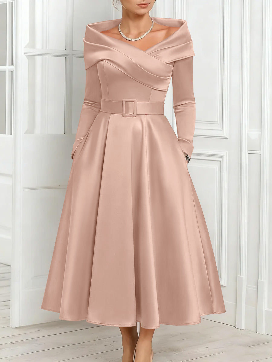 A Line Princess Off The Shoulder Mother Of The Bride Dresses Stretch Satin Belt Ankle Length Long Sleeves