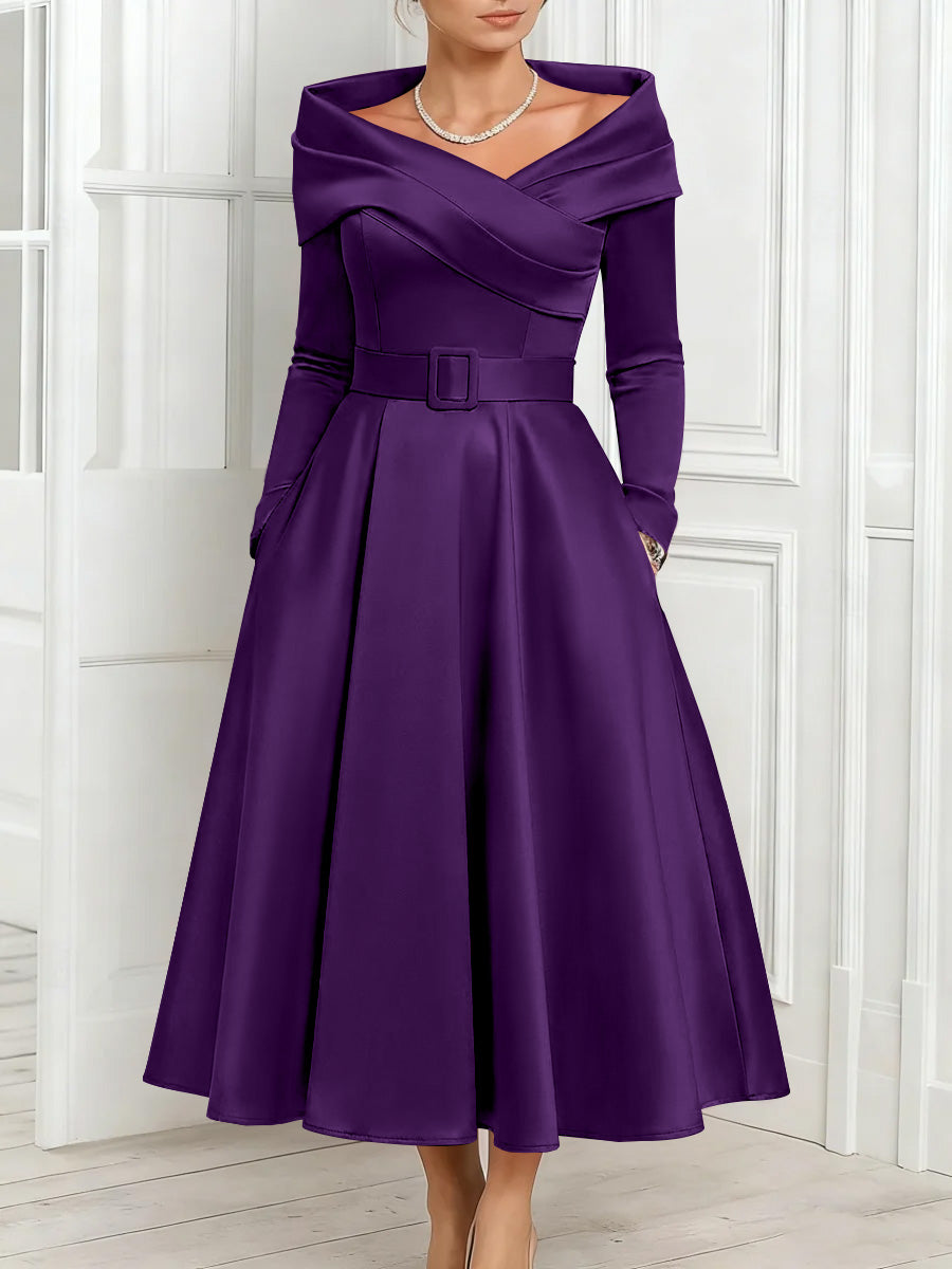 A Line Princess Off The Shoulder Mother Of The Bride Dresses Stretch Satin Belt Ankle Length Long Sleeves
