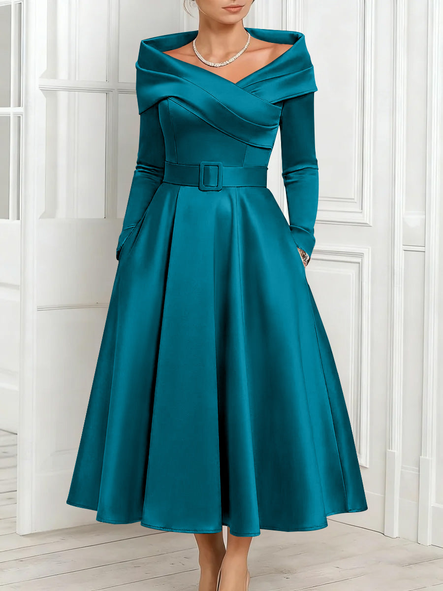 A Line Princess Off The Shoulder Mother Of The Bride Dresses Stretch Satin Belt Ankle Length Long Sleeves