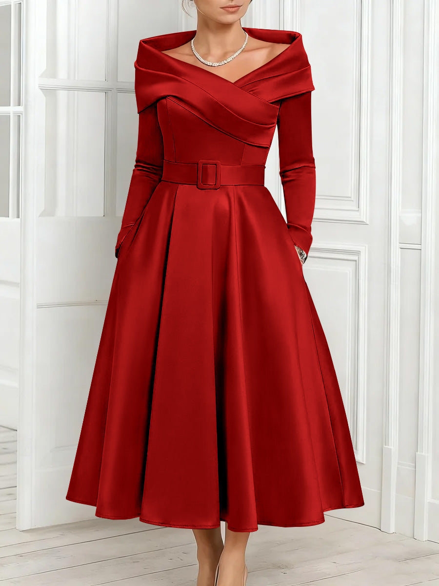 A Line Princess Off The Shoulder Mother Of The Bride Dresses Stretch Satin Belt Ankle Length Long Sleeves