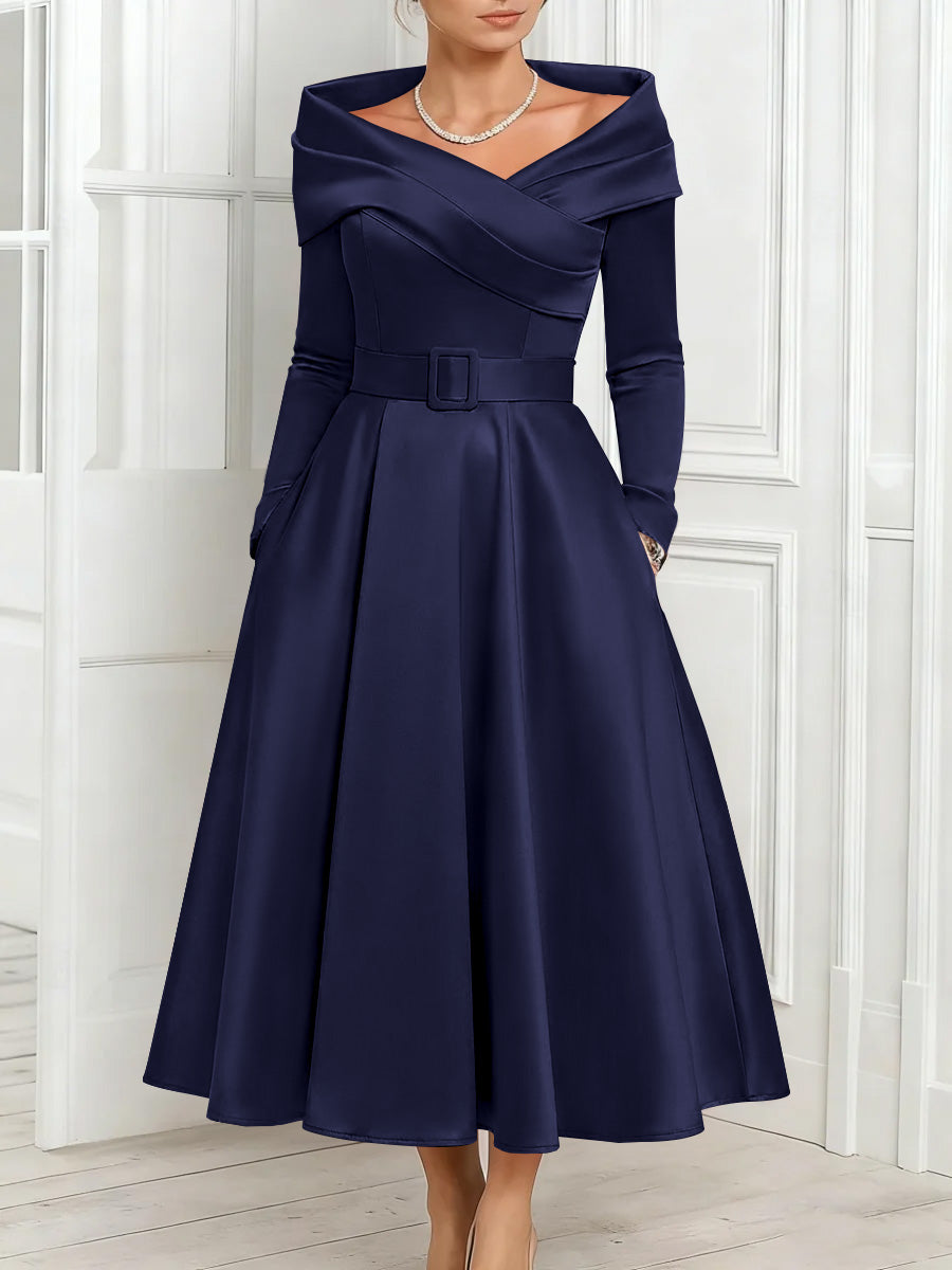 A Line Princess Off The Shoulder Mother Of The Bride Dresses Stretch Satin Belt Ankle Length Long Sleeves