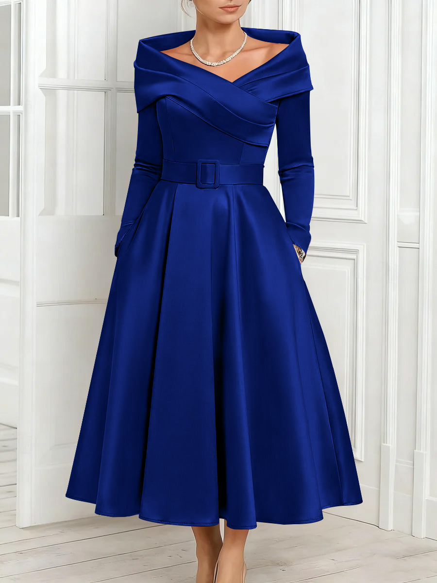 A Line Princess Off The Shoulder Mother Of The Bride Dresses Stretch Satin Belt Ankle Length Long Sleeves