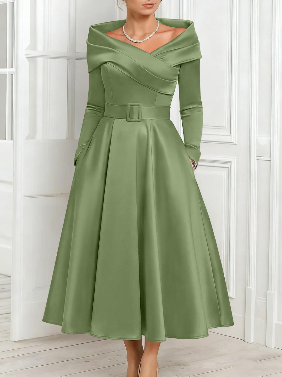 A Line Princess Off The Shoulder Mother Of The Bride Dresses Stretch Satin Belt Ankle Length Long Sleeves