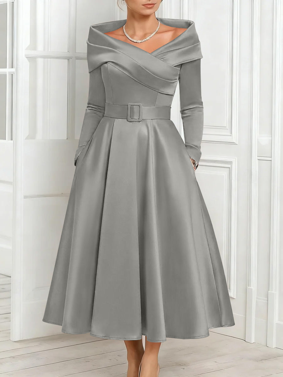 A Line Princess Off The Shoulder Mother Of The Bride Dresses Stretch Satin Belt Ankle Length Long Sleeves
