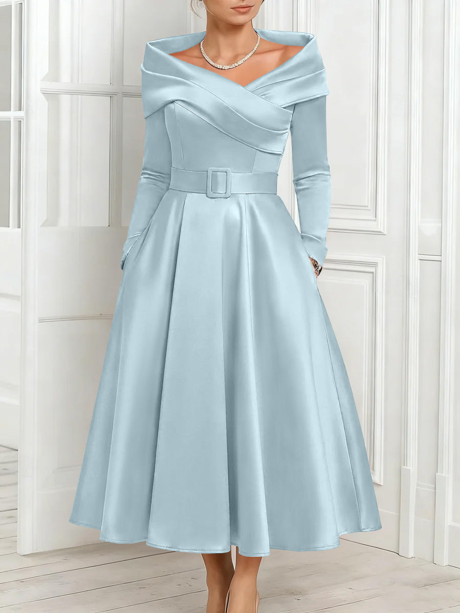 A Line Princess Off The Shoulder Mother Of The Bride Dresses Stretch Satin Belt Ankle Length Long Sleeves
