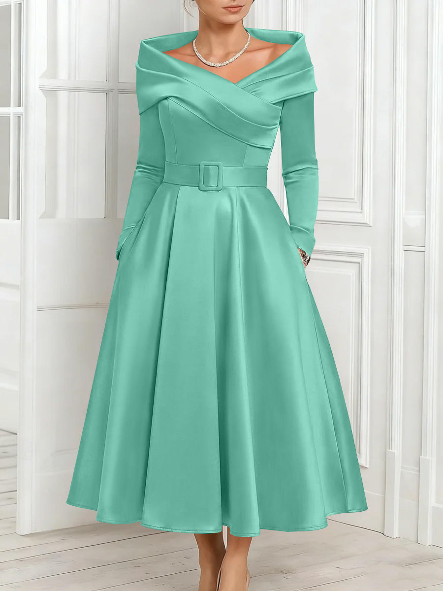 A Line Princess Off The Shoulder Mother Of The Bride Dresses Stretch Satin Belt Ankle Length Long Sleeves