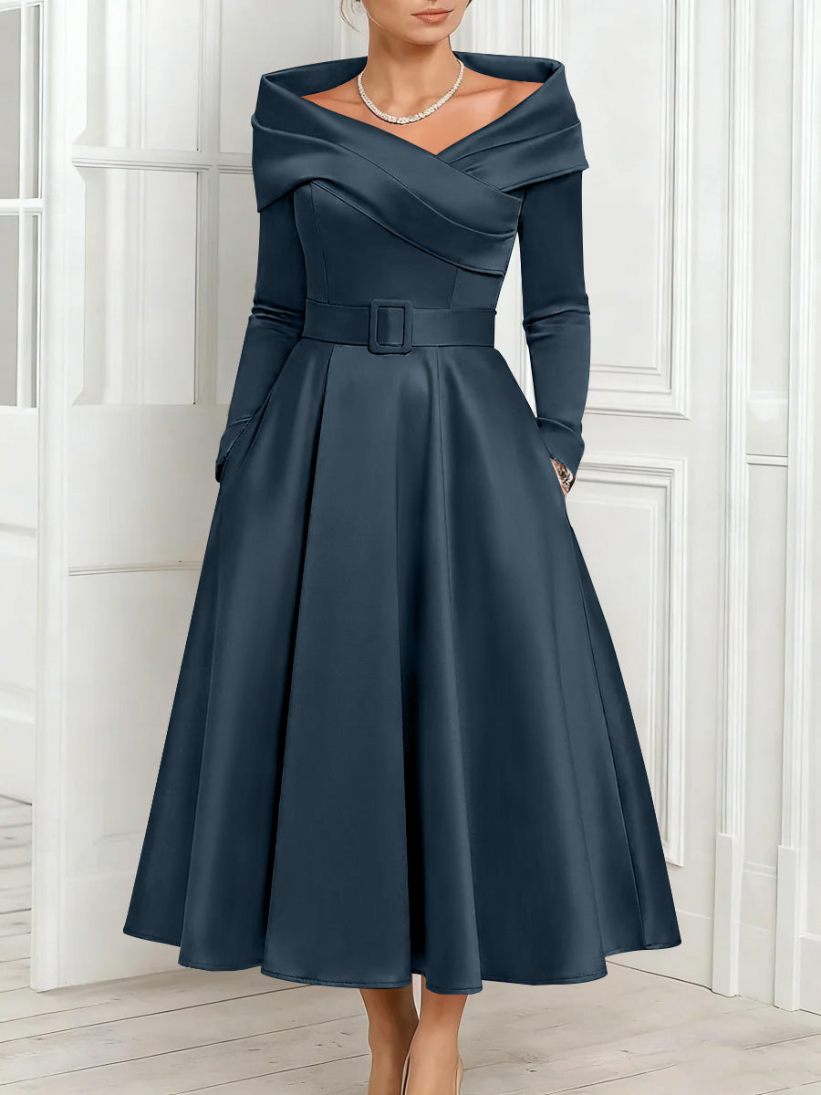 A Line Princess Off The Shoulder Mother Of The Bride Dresses Stretch Satin Belt Ankle Length Long Sleeves