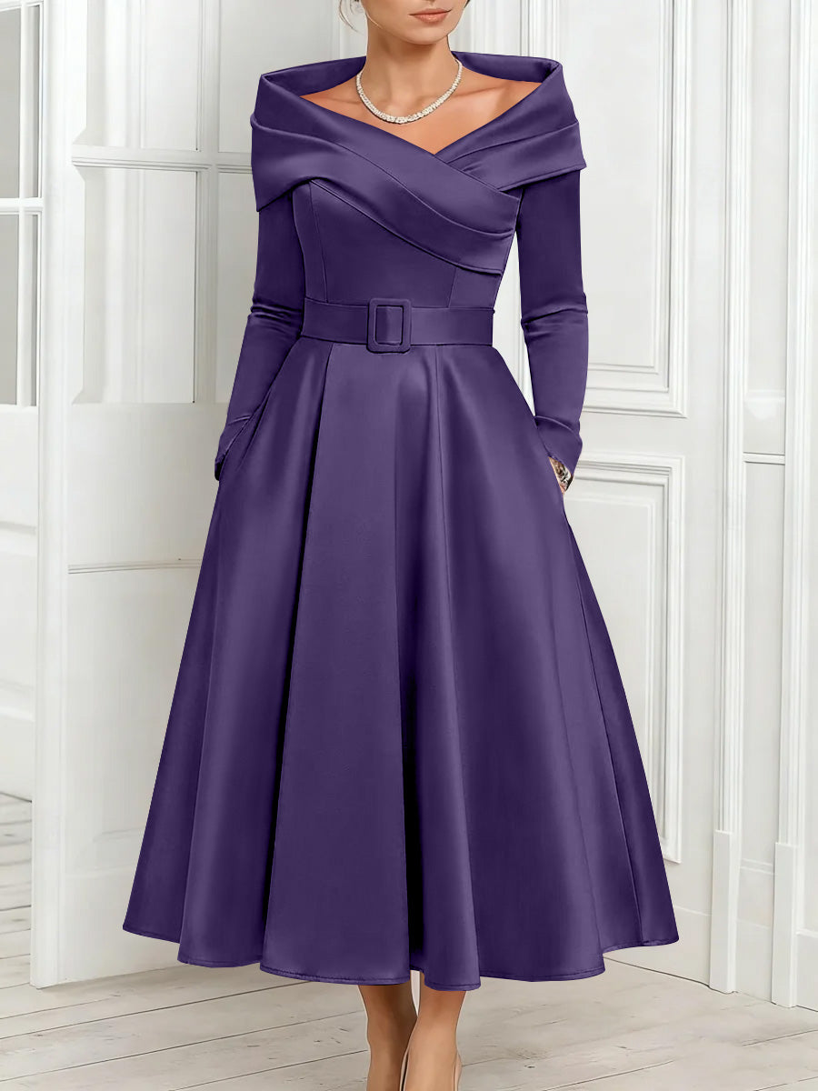 A Line Princess Off The Shoulder Mother Of The Bride Dresses Stretch Satin Belt Ankle Length Long Sleeves
