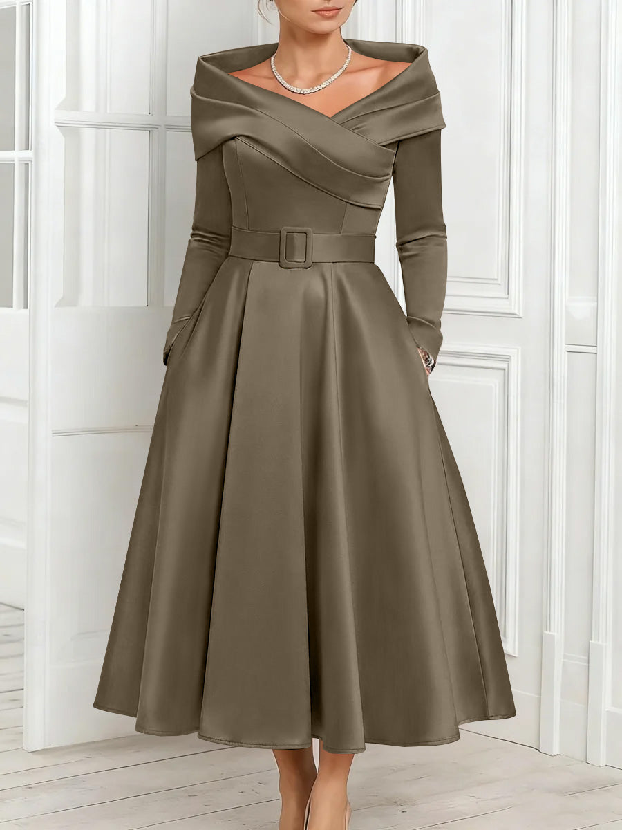 A Line Princess Off The Shoulder Mother Of The Bride Dresses Stretch Satin Belt Ankle Length Long Sleeves