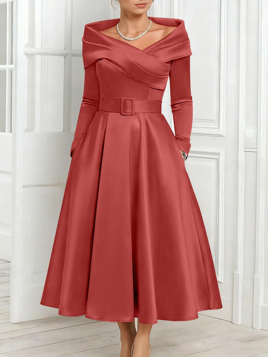 A Line Princess Off The Shoulder Mother Of The Bride Dresses Stretch Satin Belt Ankle Length Long Sleeves