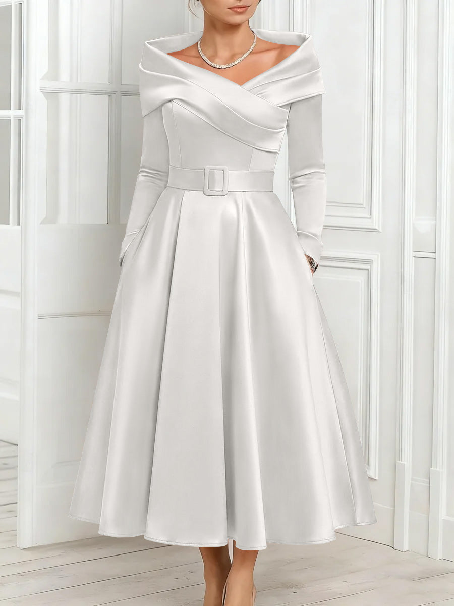 A Line Princess Off The Shoulder Mother Of The Bride Dresses Stretch Satin Belt Ankle Length Long Sleeves