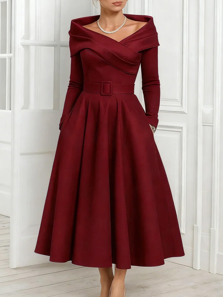 A Line Princess Off The Shoulder Mother Of The Bride Dresses Stretch Satin Belt Ankle Length Long Sleeves