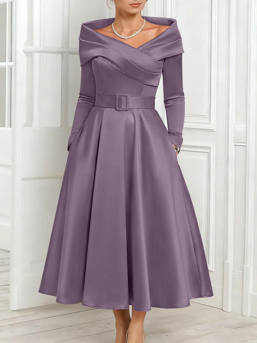 A Line Princess Off The Shoulder Mother Of The Bride Dresses Stretch Satin Belt Ankle Length Long Sleeves