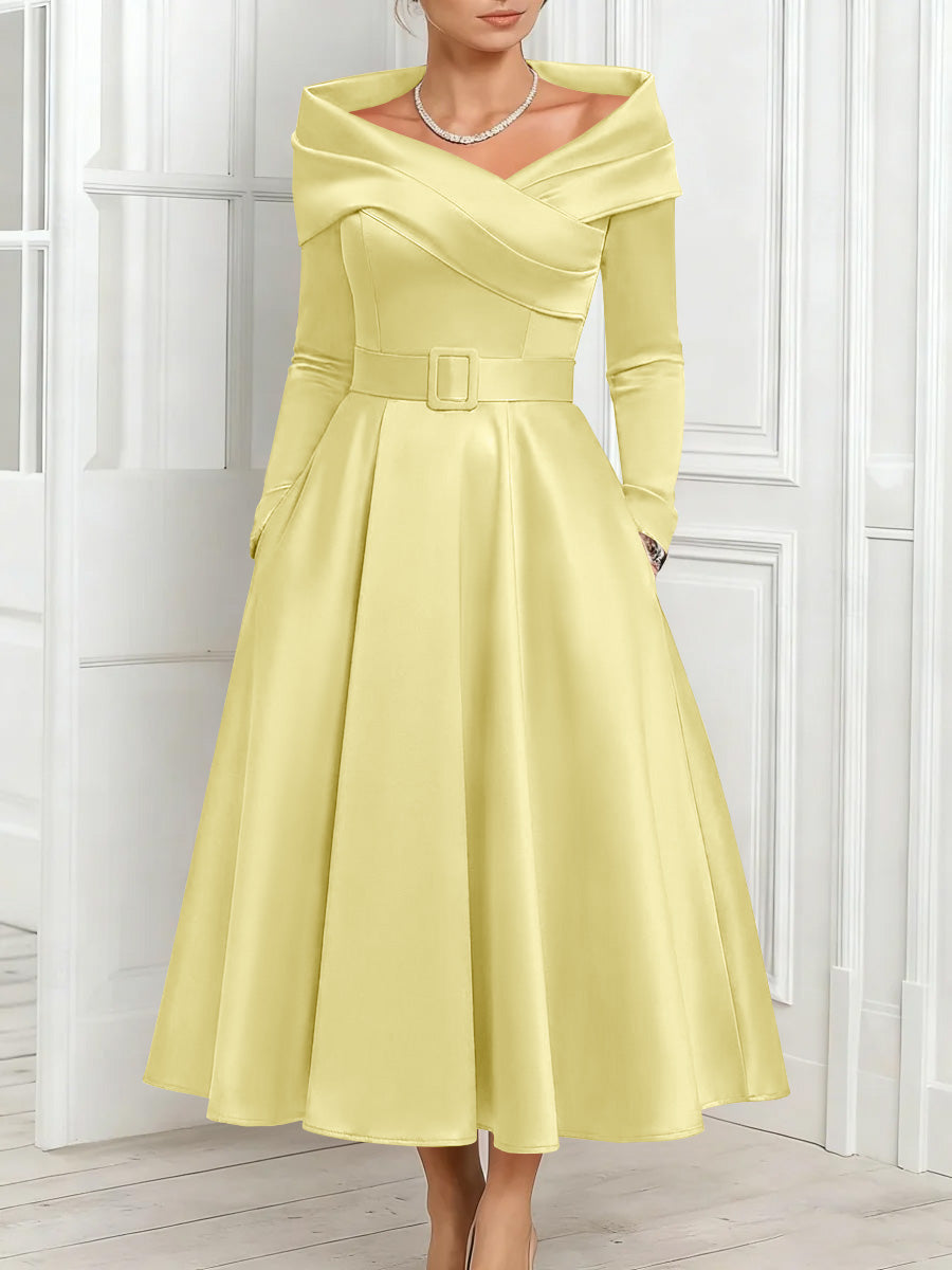 A Line Princess Off The Shoulder Mother Of The Bride Dresses Stretch Satin Belt Ankle Length Long Sleeves