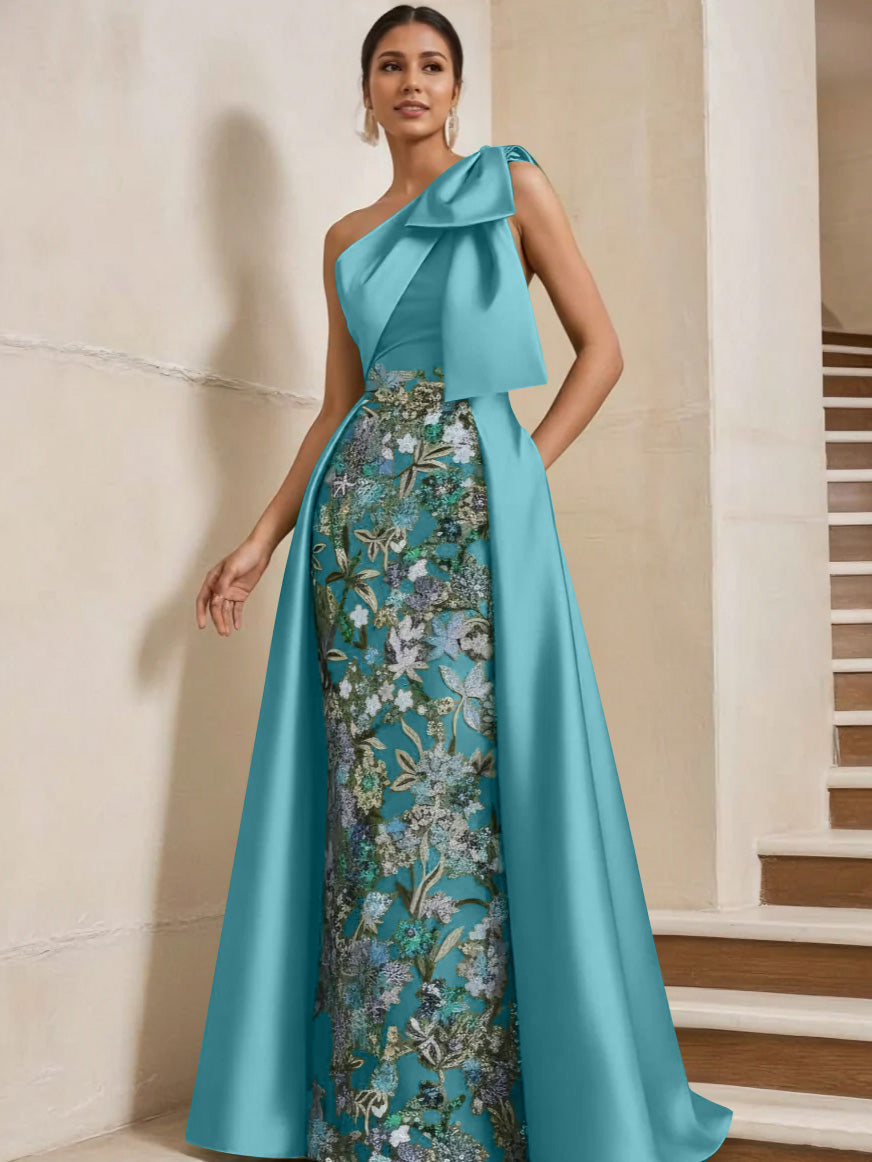 Sheath Column One Shoulder Satin Mother Of The Bride Dresses With Overskirt Sleeveless Floral Floor Length Bow